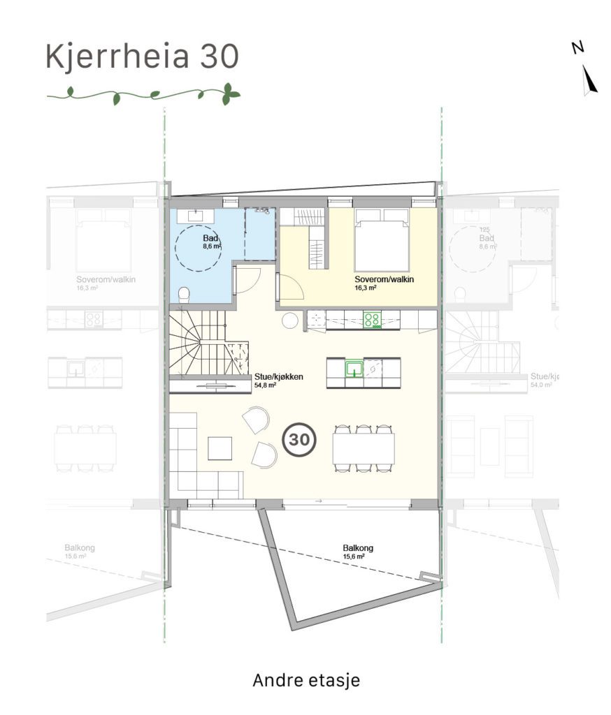 Plantegning for 2. etasje i Kjerrheia 30